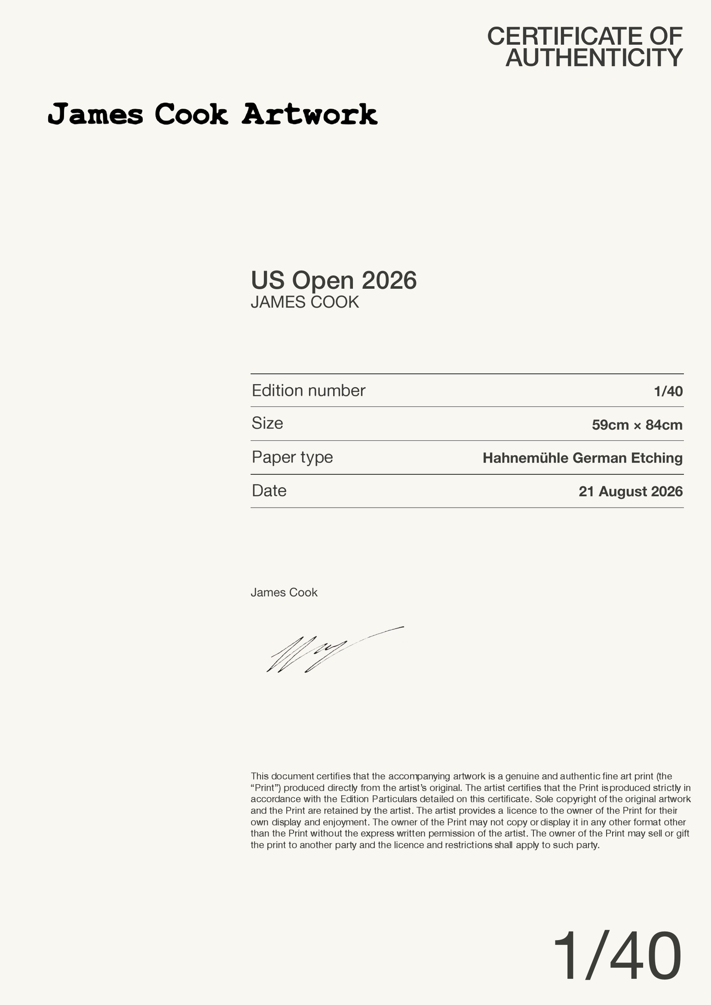US Open 2026 — Certificate of Authenticity
