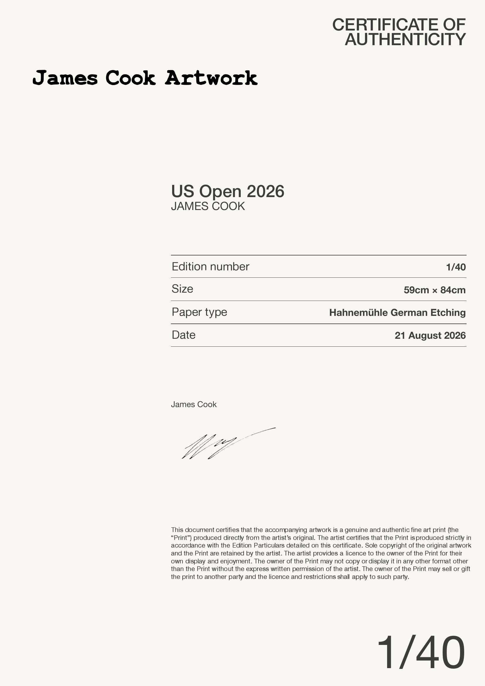 US Open 2026 — Certificate of Authenticity